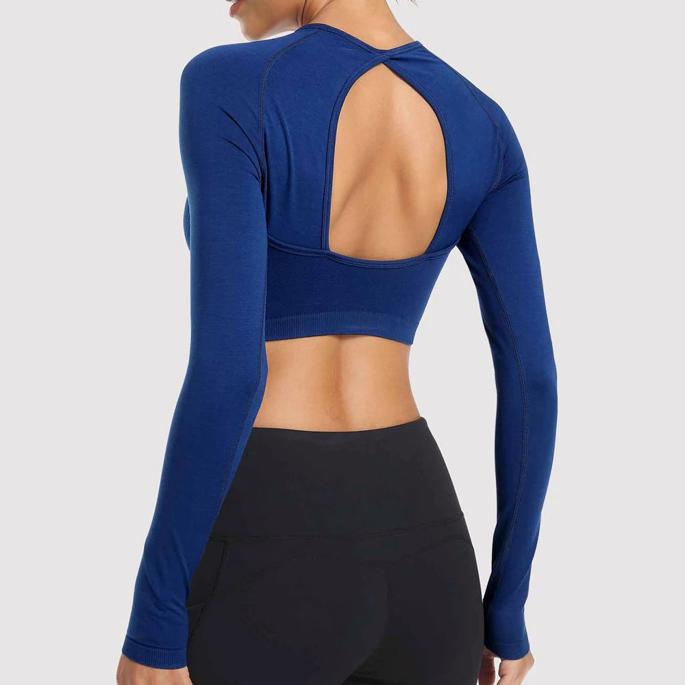 Elegant Open-Back Long-Sleeve Yoga Top in Charcoal Black