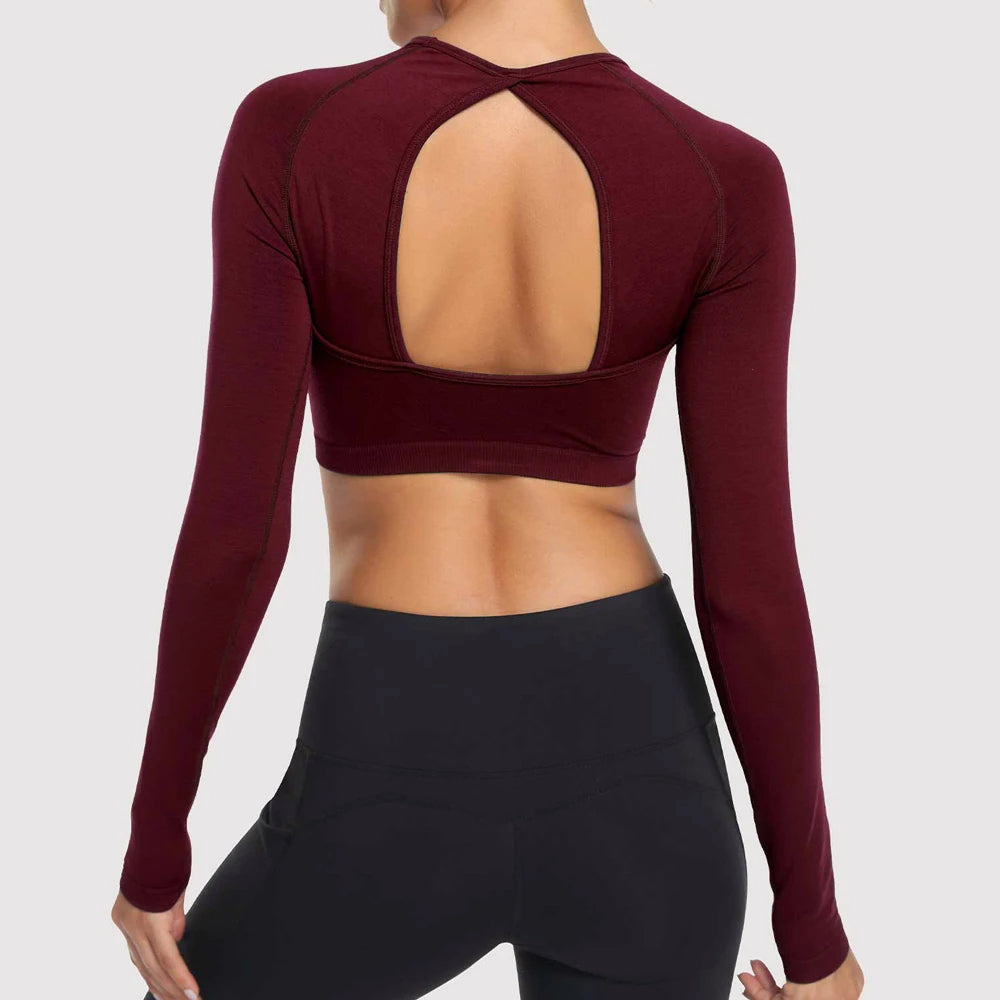 Elegant Open-Back Long-Sleeve Yoga Top in Charcoal Black