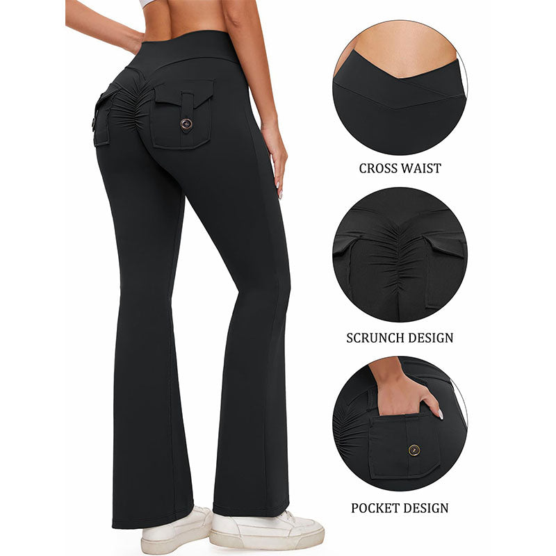 Cross-Waist Wide-Leg Yoga Pants with Back Pocket