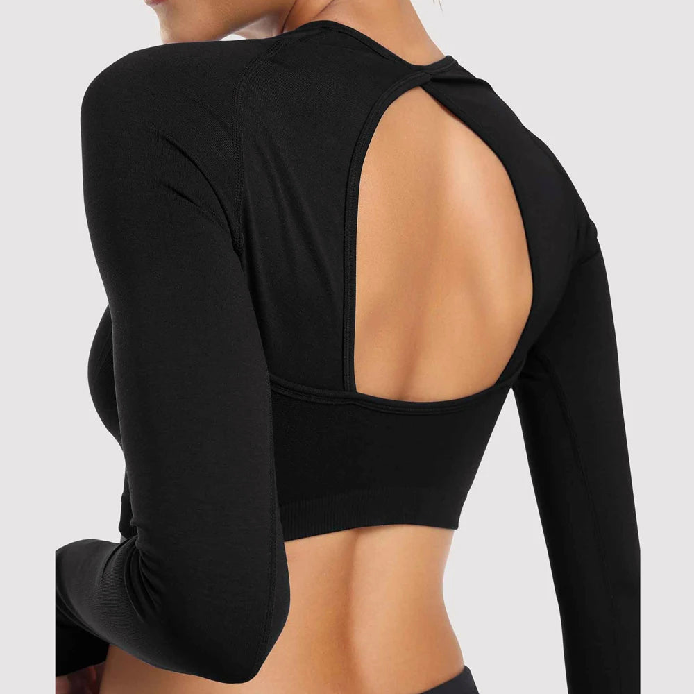 Elegant Open-Back Long-Sleeve Yoga Top in Charcoal Black