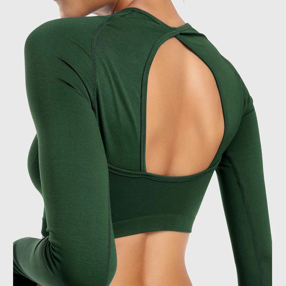 Elegant Open-Back Long-Sleeve Yoga Top in Charcoal Black