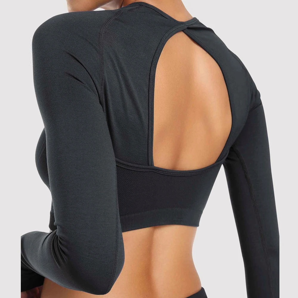 Elegant Open-Back Long-Sleeve Yoga Top in Charcoal Black