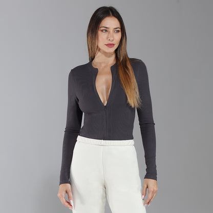 BodyGo LA Ribbed Zip-Front Long Sleeve Shirt