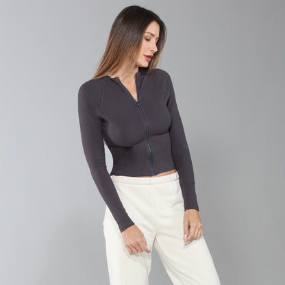 BodyGo LA Zip-Front Rib Knit Shirt