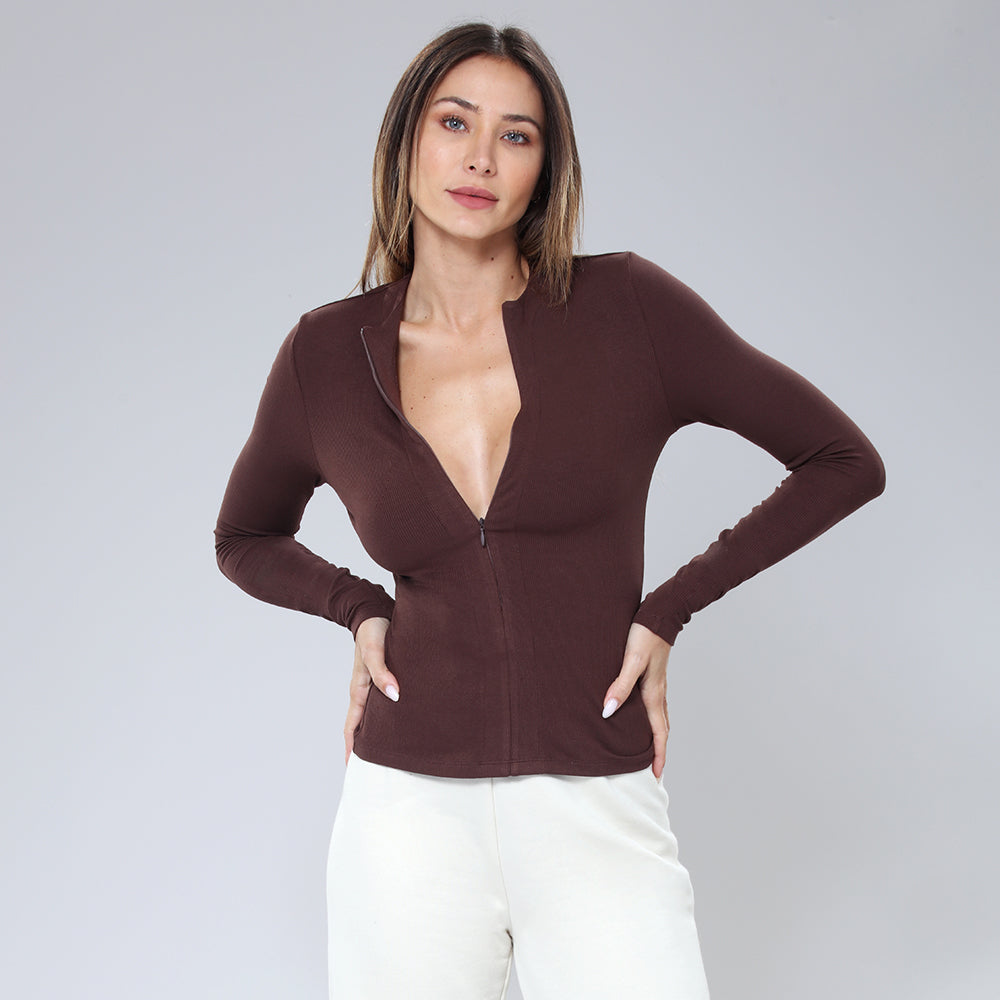 BodyGo LA Ribbed Zip-Front Long Sleeve Shirt