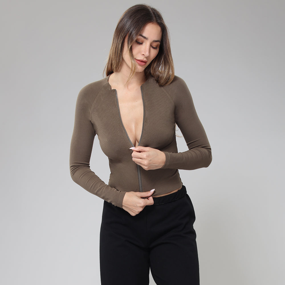 BodyGo LA Zip-Front Rib Knit Shirt