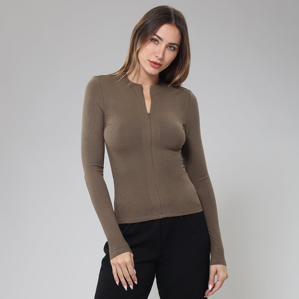 BodyGo LA Ribbed Zip-Front Long Sleeve Shirt