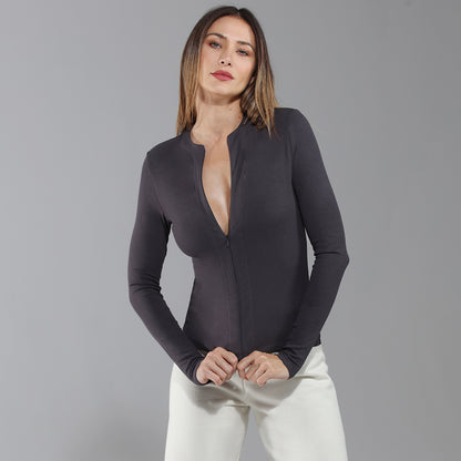 BodyGo LA Ribbed Zip-Front Long Sleeve Shirt